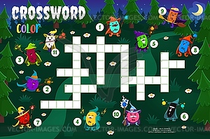 Crossword quiz game grid, cartoon mineral wizards - vector image