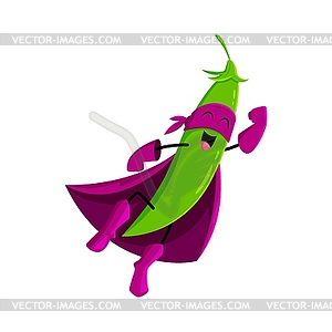 Cartoon pea pod vegetable flying hero character - vector clip art