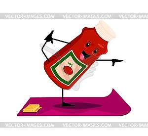 Мультяшный персонаж с кетчуп-соусом из фаст-фуда на занятиях йогой - клипарт в векторном виде
