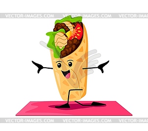 Cartoon fast food shawarma cute character on yoga - vector image