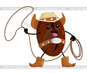 Cartoon coffee bean cowboy character with lasso - color vector clipart