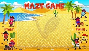 Labyrinth maze game, cartoon vitamins pirates - vector image