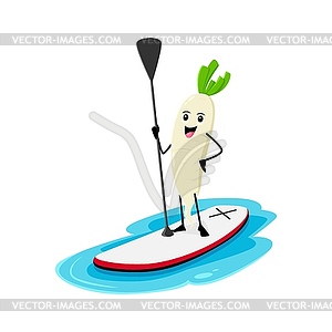 Cartoon cheerful daikon radish on sup board - vector image