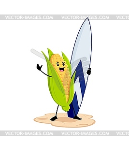 Мультяшный веселый кукурузный початок с доской для серфинга на пляже - векторный рисунок