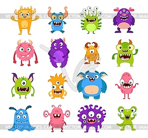 Cartoon funny monster characters, cute creatures - vector clip art