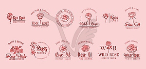 Rose flower minimal icons, natural cosmetics, oil - vector clipart
