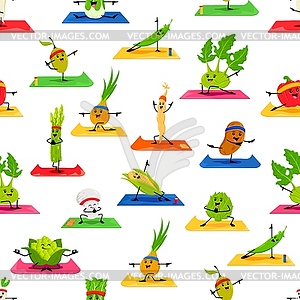 Cartoon vegetable characters on yoga, pattern - vector clipart