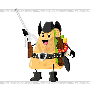 Cartoon quesadilla cowboy, bandit robber character - vector clip art