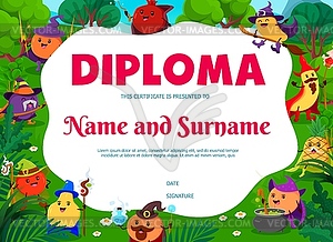 Kids diploma with cartoon Halloween fruit wizards - vector clipart