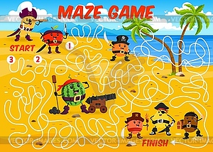 Labyrinth maze game cartoon fruit pirates corsairs - vector image