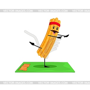 Cartoon Mexican food churros characters on yoga - vector clipart