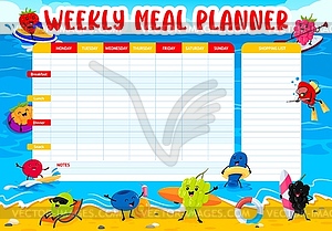 Weekly meal planner with berry characters beach - vector image
