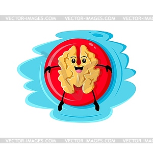 Cartoon walnut nut floats on an inflatable ring - vector image