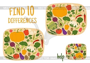 Find ten differences between raw harvest vegetable - vector clipart