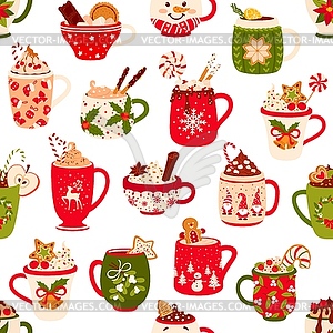 Christmas chocolate, eggnog cups seamless pattern - vector clipart