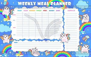 Weekly meal planner with magic caticorn and kitten - color vector clipart