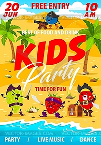 Флаер для детской вечеринки с мультяшными забавными ягодными пиратами - векторизованное изображение