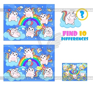 Find ten differences between magic caticorn cat - vector image