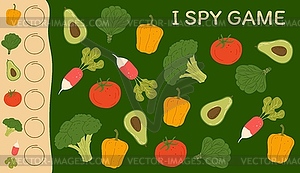 I spy game with farm harvest raw vegetables - vector clipart