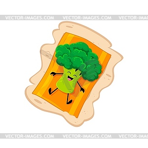 Cartoon cheerful broccoli vegetable on beach mat - vector image
