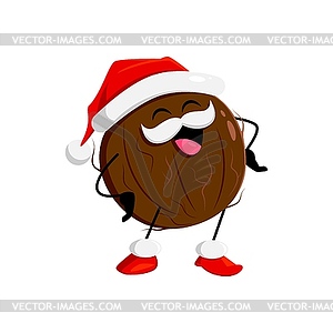 Cartoon Christmas coconut nut wear Santa Claus hat - vector image