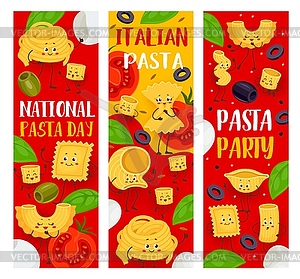 Funny italian pasta characters, vertical banners - vector image
