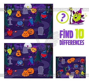 Find ten differences, Halloween berry wizards - vector clip art