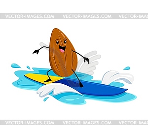 Cartoon almond nut catching waves on surfboard - vector clipart