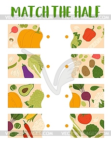 Match half of harvest raw vegetables game - vector clip art