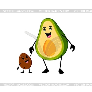 Cartoon mexican avocado character with nut kid - vector image