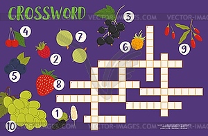 Игра-викторина по кроссвордам с сеткой лесных и садовых ягод - векторное изображение