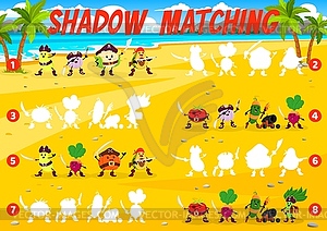 Shadow matching game, cartoon vegetable pirates - vector clipart