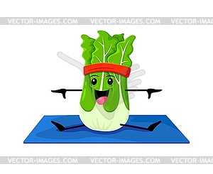 Cartoon cabbage vegetable character on yoga sport - vector image