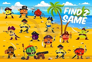 Find two same fruit pirates characters game puzzle - vector clipart