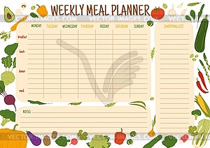 Weekly meal schedule with harvest raw vegetables - royalty-free vector clipart