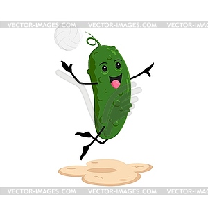 Cartoon cucumber vegetable playing volleyball - vector clipart