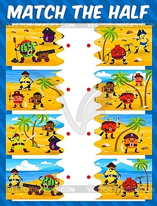 Match half of cartoon fruit pirates characters - vector clipart