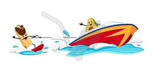Мультяшная забава с авокадо и буррито из текс-мекса на водных лыжах - цветной векторный клипарт