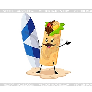 Cartoon tex mex burrito character with surfboard - vector clipart