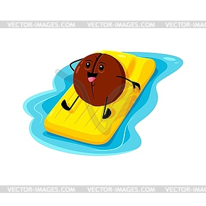 Cartoon macadamia nut float on inflatable mattress - royalty-free vector clipart