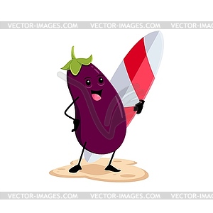 Cartoon eggplant character surfer on summer beach - vector clipart / vector image