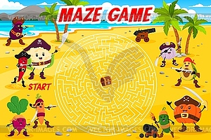 Labyrinth maze game, cartoon vegetable pirates - vector clip art