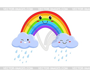 Funny rainbow and rainy clouds, cartoon characters - color vector clipart