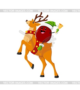 Cartoon Christmas plum fruit character on reindeer - vector clip art