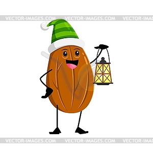 Cartoon Christmas almond nut holding lantern - vector image