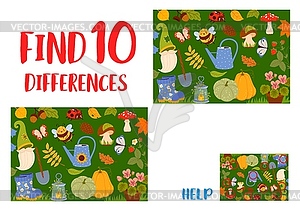 Find ten differences between plant, gnome tools - vector clipart