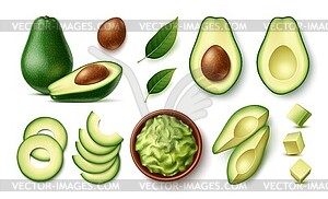 Realistic avocado, guacamole sauce set - vector clip art