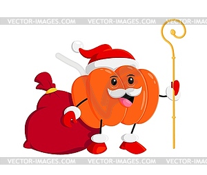 Cartoon pumpkin vegetable character with gifts bag - vector image