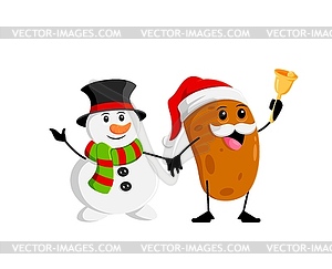 Мультяшный картофельный персонаж и снеговик с колокольчиком - векторный дизайн