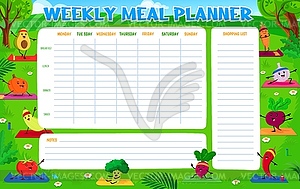 Weekly meal planner with funny vegetables on yoga - vector clipart